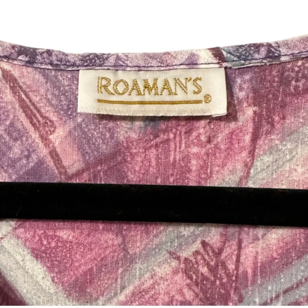 Vintage Roaman's Gown Pearl Snap Robe Muumuu Caftan Purple Pink Blue Pockets L
